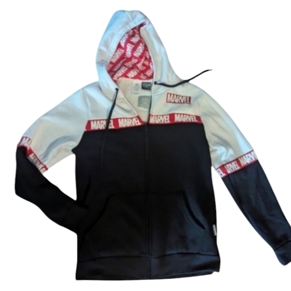 Disney Marvel zip front hooded fleece black/white/ red jacket New NWT. Sz L - Picture 1 of 9